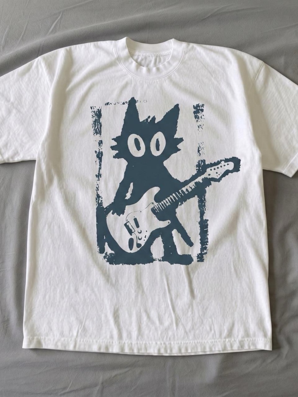 Gildan White T-Shirt with Blue Cat Guitar Graphic